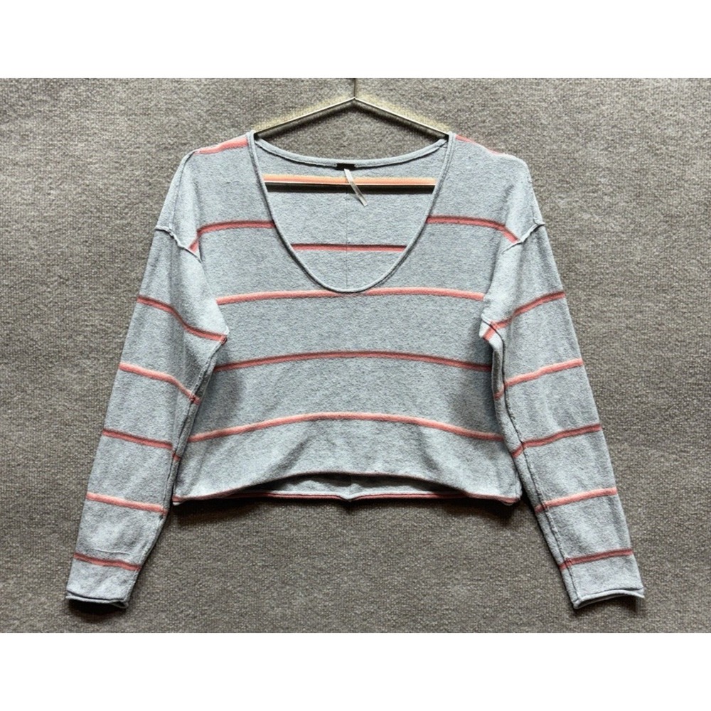 Free People Make You Mine Sweater XS Gray Stripe Oversized Pullover Crop Scoop
